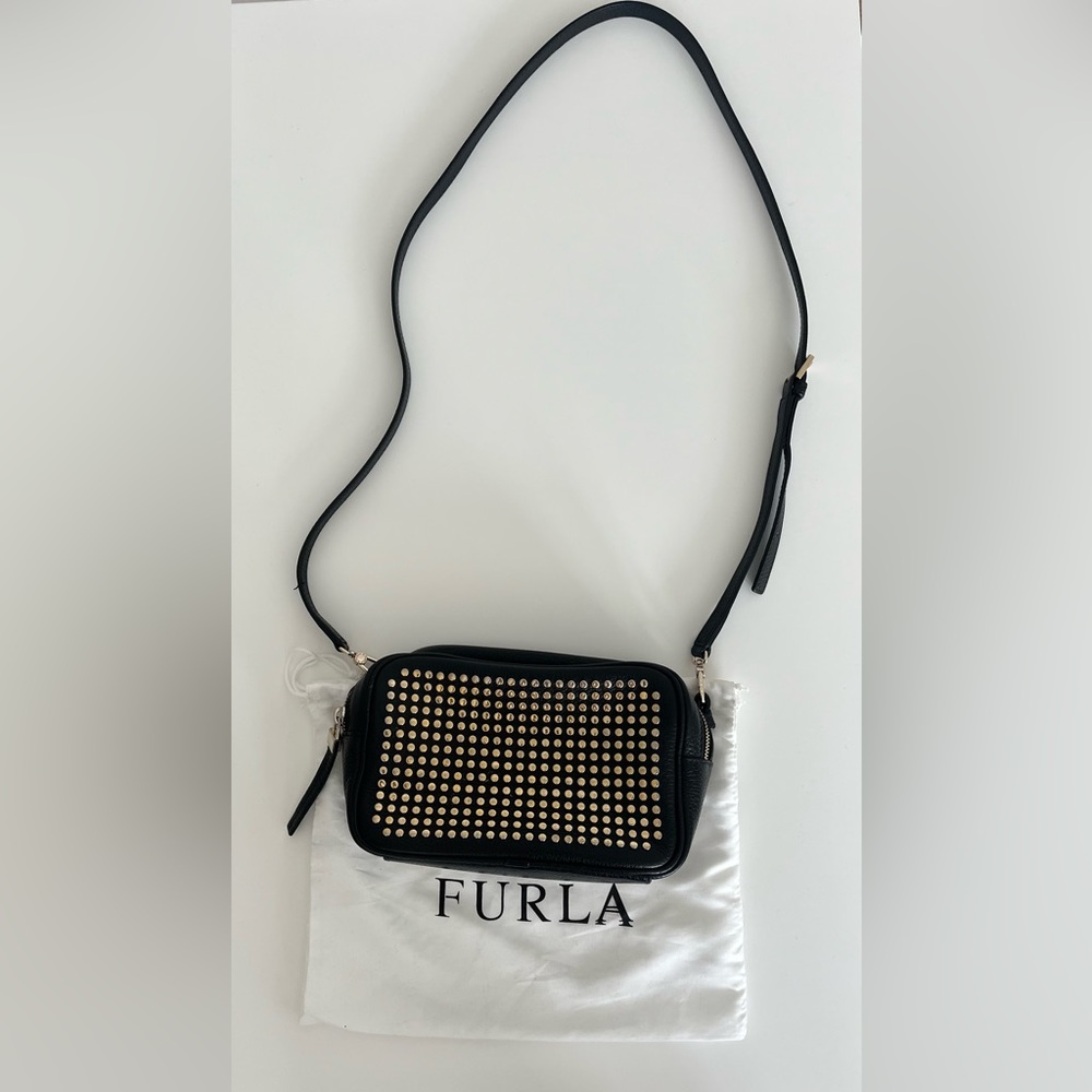 Furla black leather shoulder bag with gold details